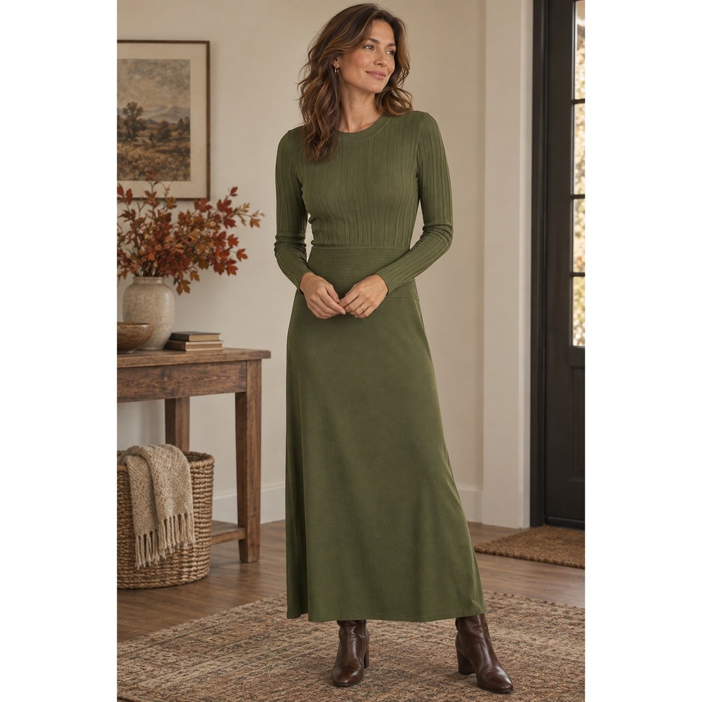 Ted Baker AIMYY Maxi Dress Womens 3 Medium Olive Green Ribbed Knit